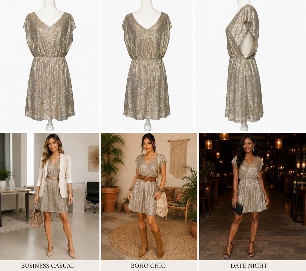 Gianni Bini Gold Metallic Flutter Sleeve Party Dress Size Small